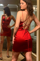 Misshow Simple Red Tight Criss-Cross Straps Homecoming Dress/Mini Dress